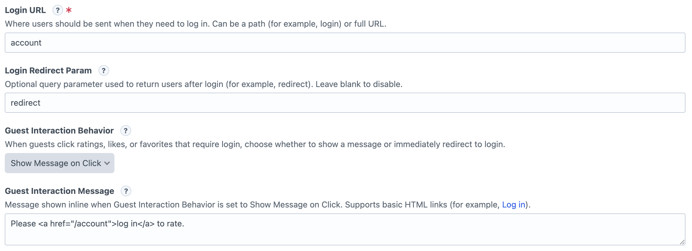 A picture of engagement settings craft cms page. Shows each of the different fields that are available on this page: Login URL, Login Redirect Param, Guest Interaction Behavior, and Guest Interaction Message
