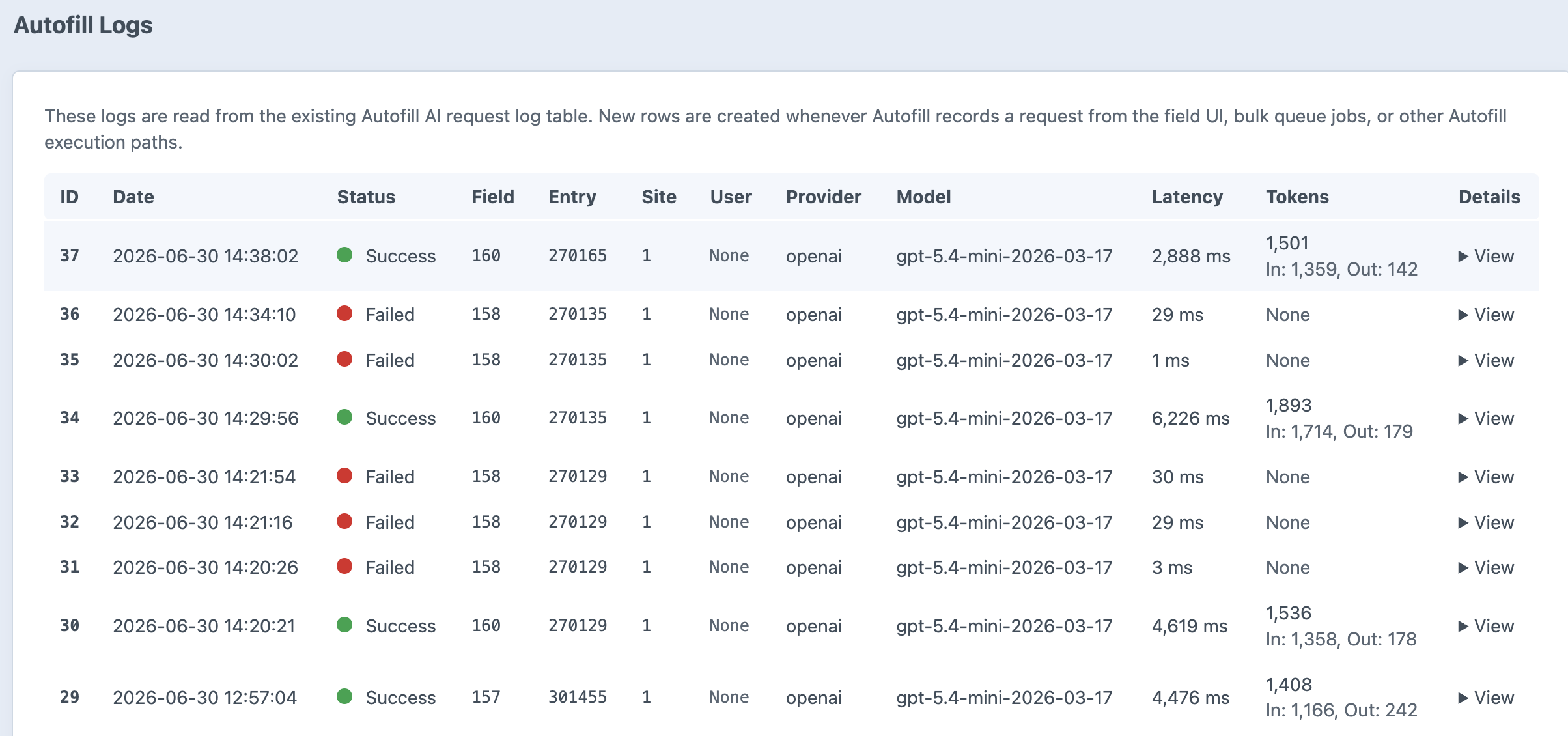 Autofill CP Logs Page List