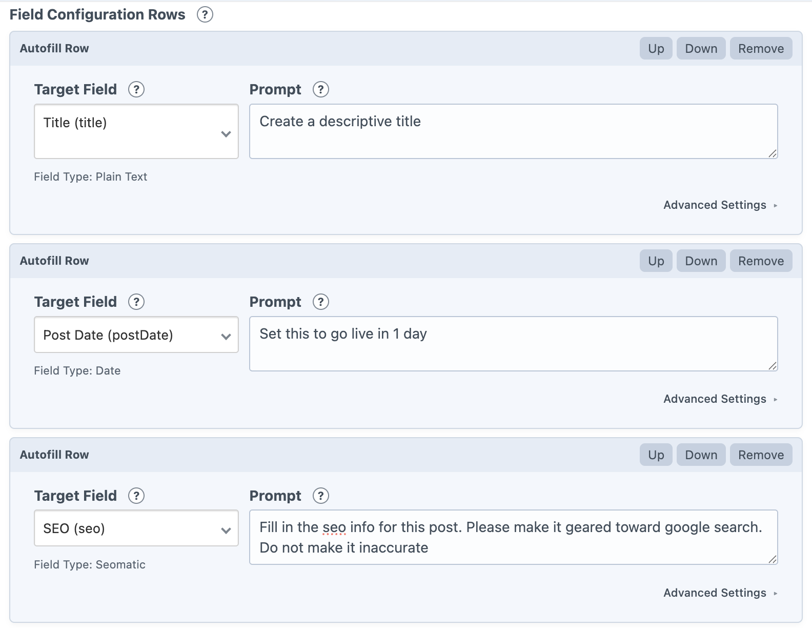 Autofill field configuration rows