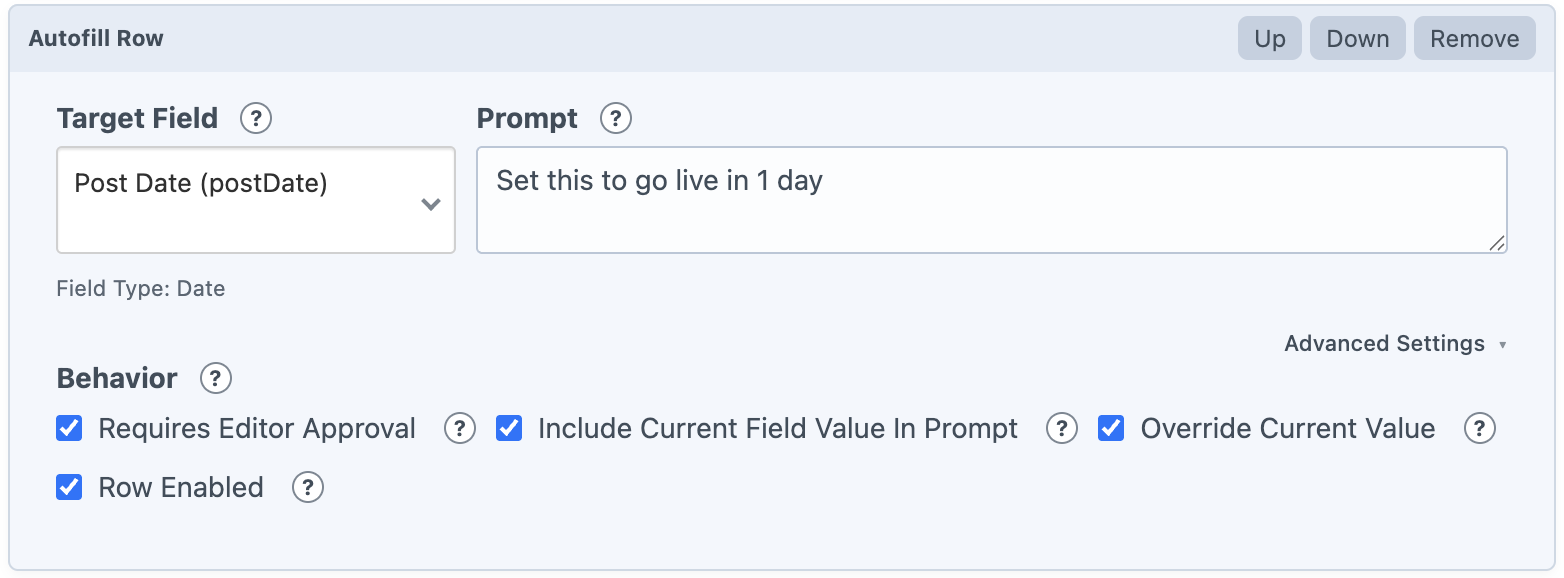 Autofill row with advanced settings