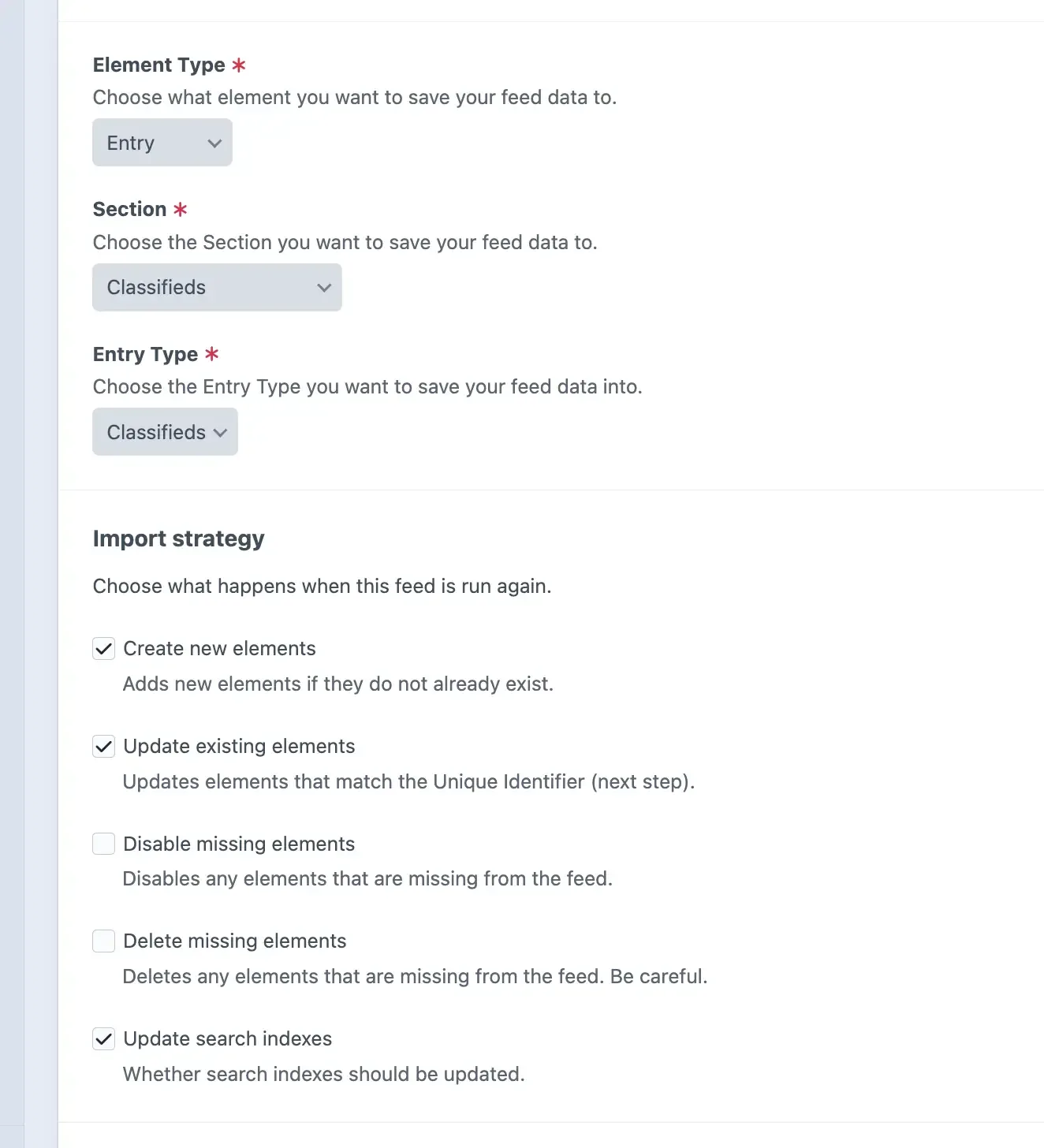 Screenshot of the Craft CMS Feed Me plugins element type and import type section