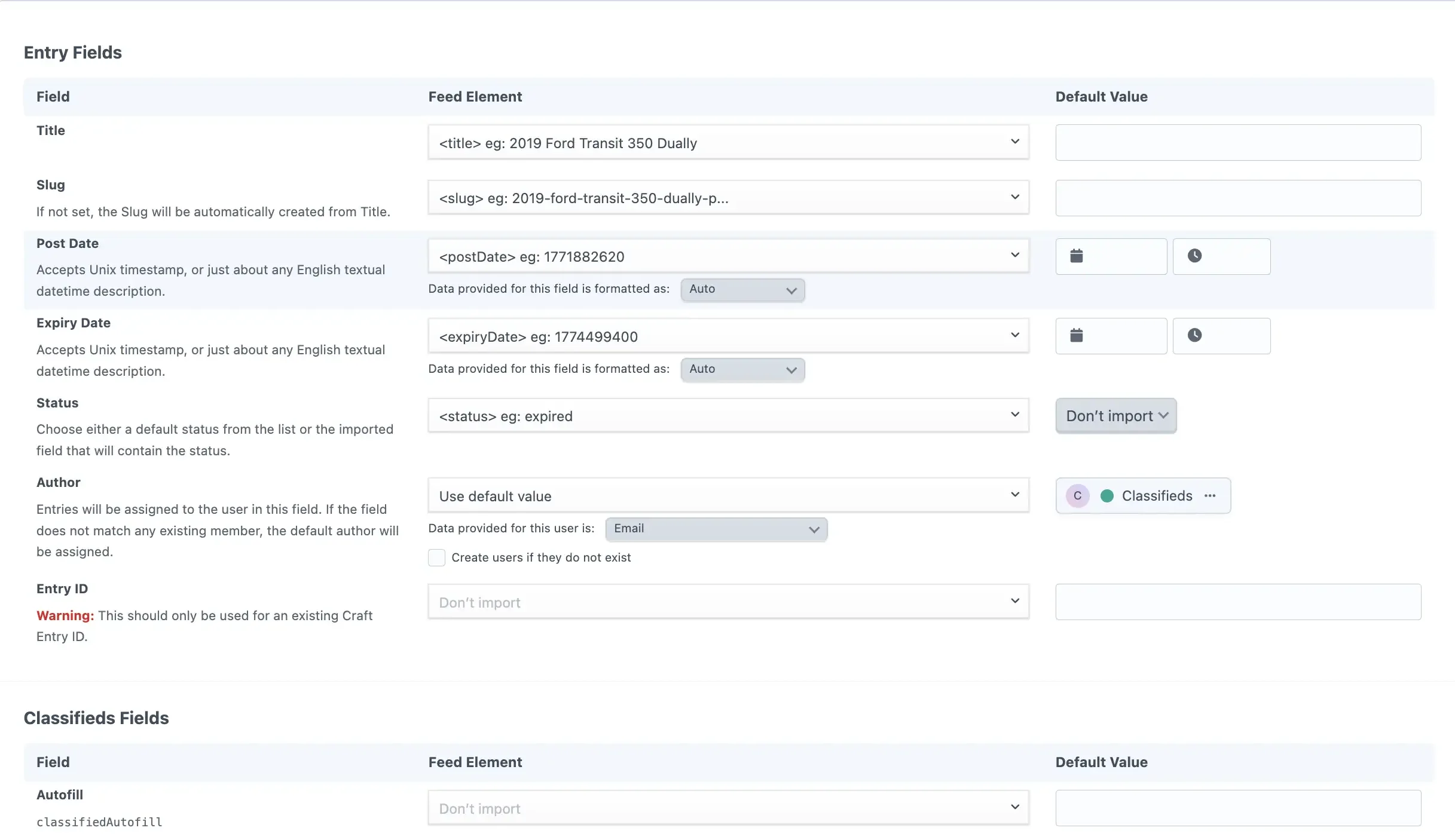 Screenshot of the Craft CMS Feed Me plugin field configuration settings
