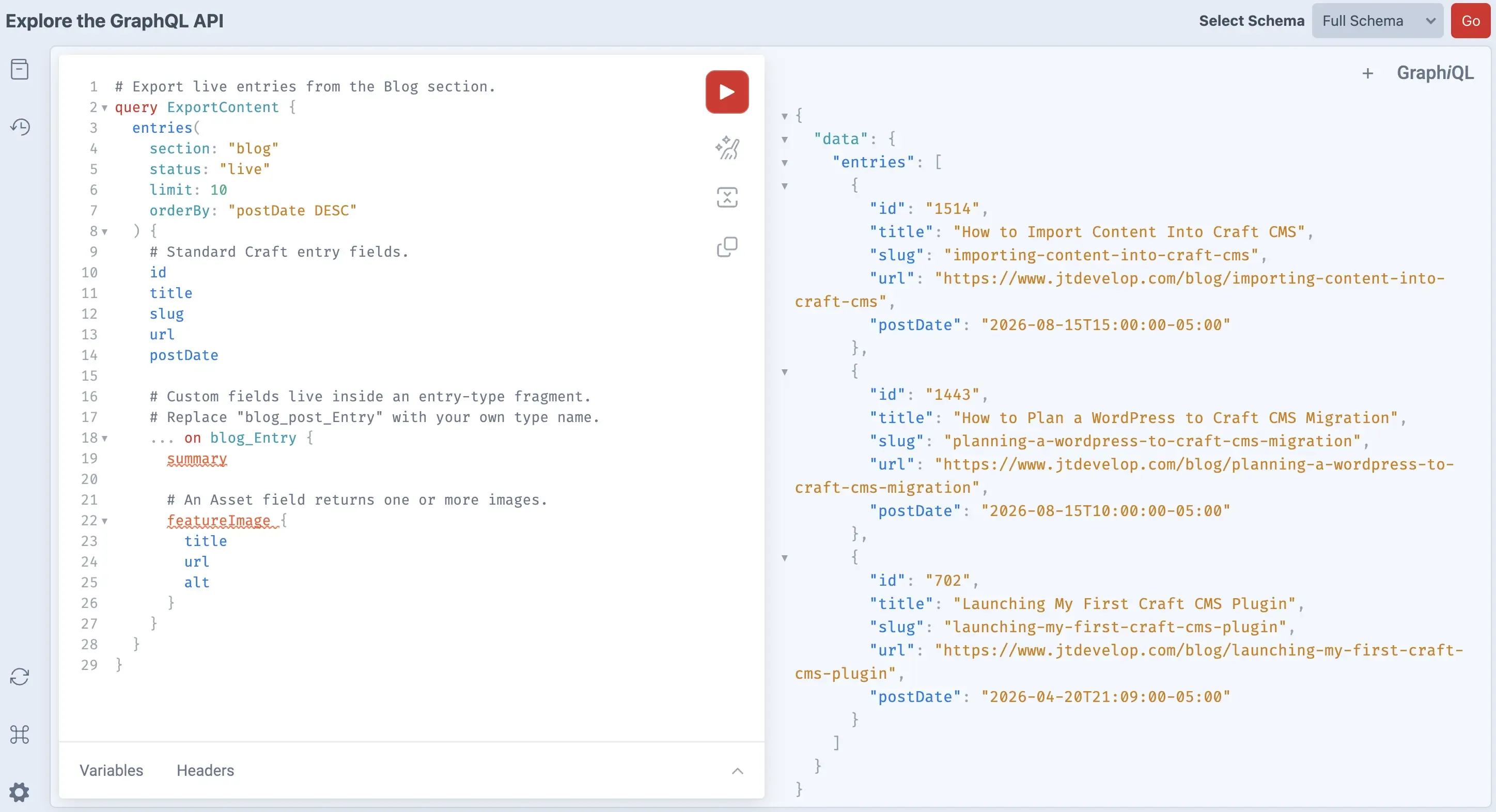 Craft CMS GraphiQL screen showing a query that exports live Blog entries and returns their ID, title, slug, URL, and post date in JSON.
